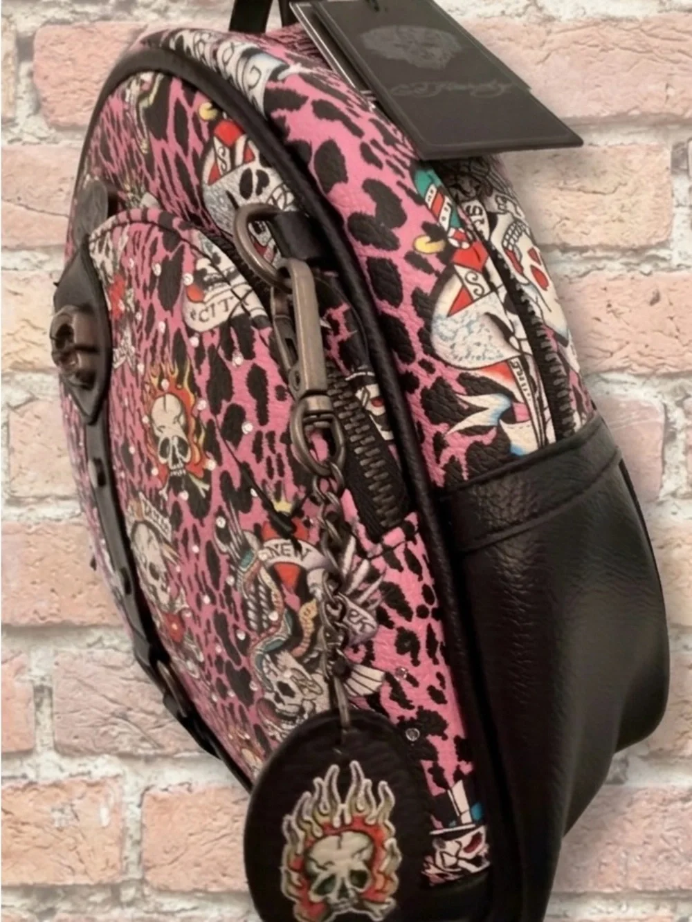 ED HARDY Pink Leopard Skulls Love Kills Backpack. Streetwear, Y2K, Alternative
